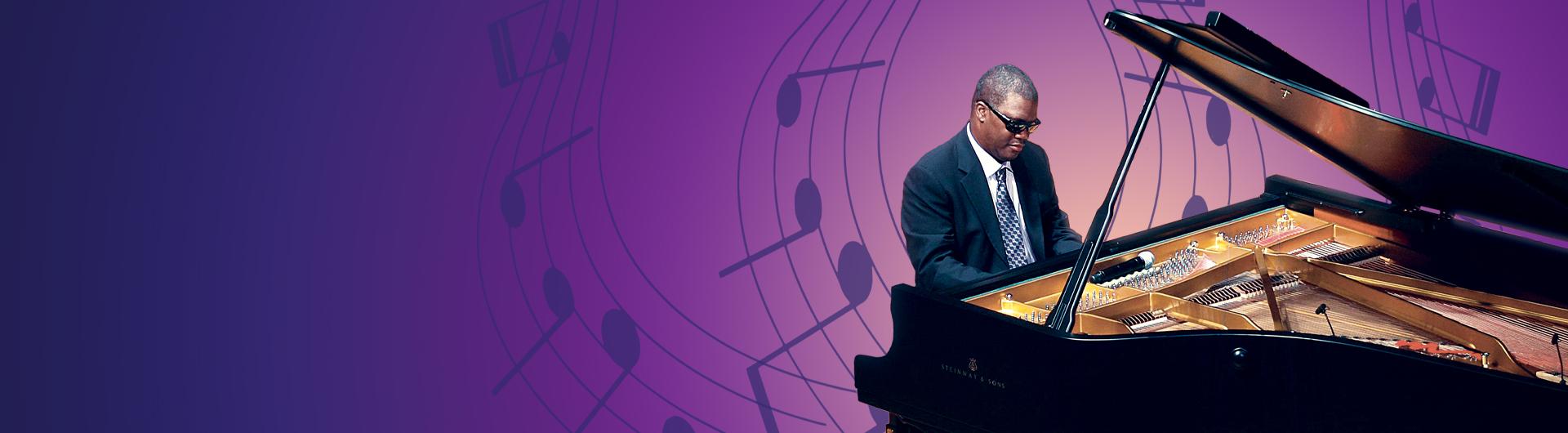 An image of Marcus Roberts at a grand piano, the background an abstract of musical notes and a gradient of blue