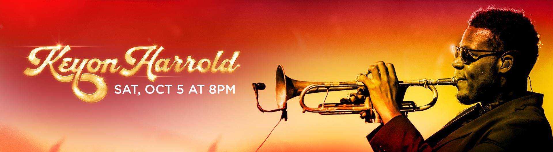 Keyon Harrold playing the trumpet against a gradient of warm colors