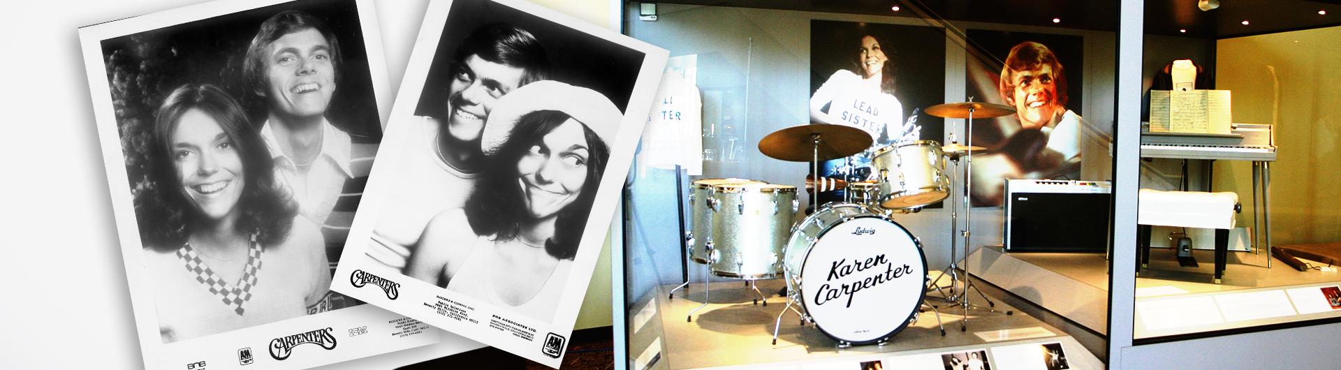 Photographs of Richard and Karen Carpenter as well as part of the Carpenter Exhibit in the lobby featuring Karen's drumset and Richard's keyboard.