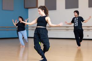 MFA Dance students in the studio in a Campus Connections workshop taught by members of A.I.M by Kyle Abraham