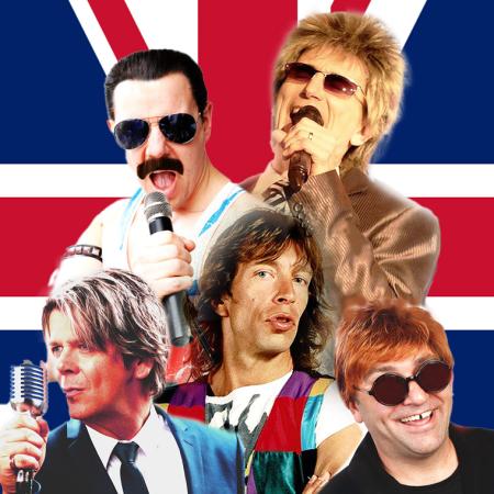 A U.K. flag over which appear tribute artists for Freddie Mercury, Rod Stewart, Mick Jagger, David Bowie, and Elton John